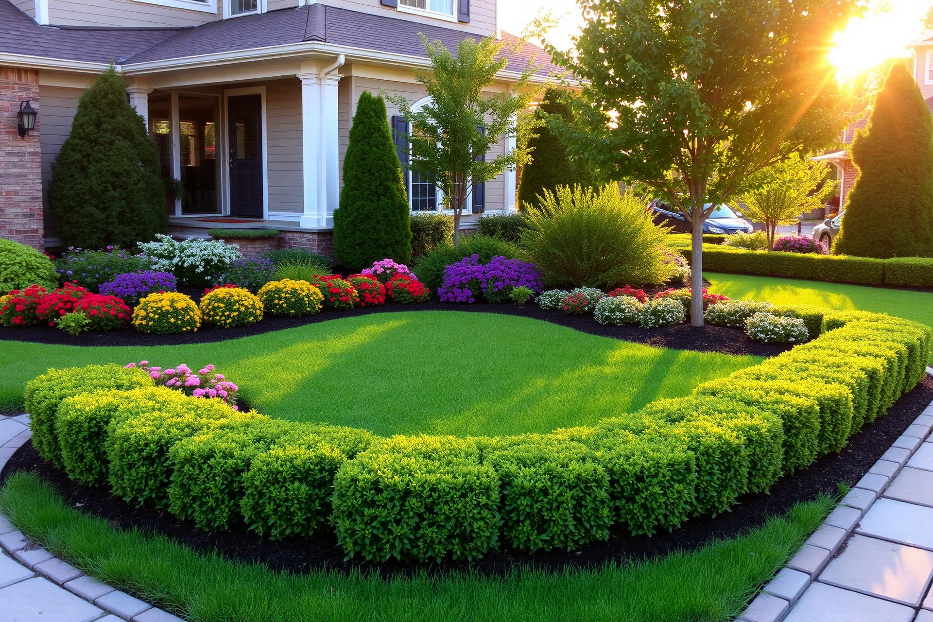 Beautifully landscaped front yard with flower beds and trimmed hedges